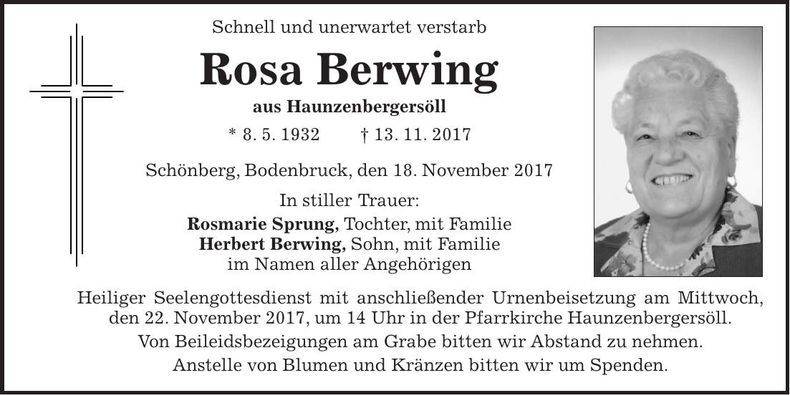 Traueranzeige Rosa Berwing