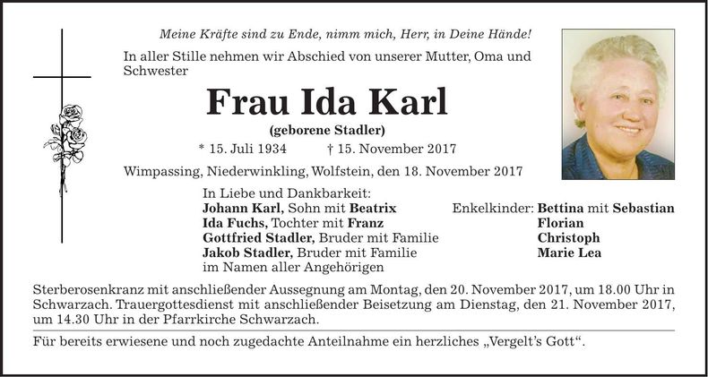 Traueranzeige Ida Karl