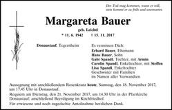 Traueranzeige Margareta Bauer