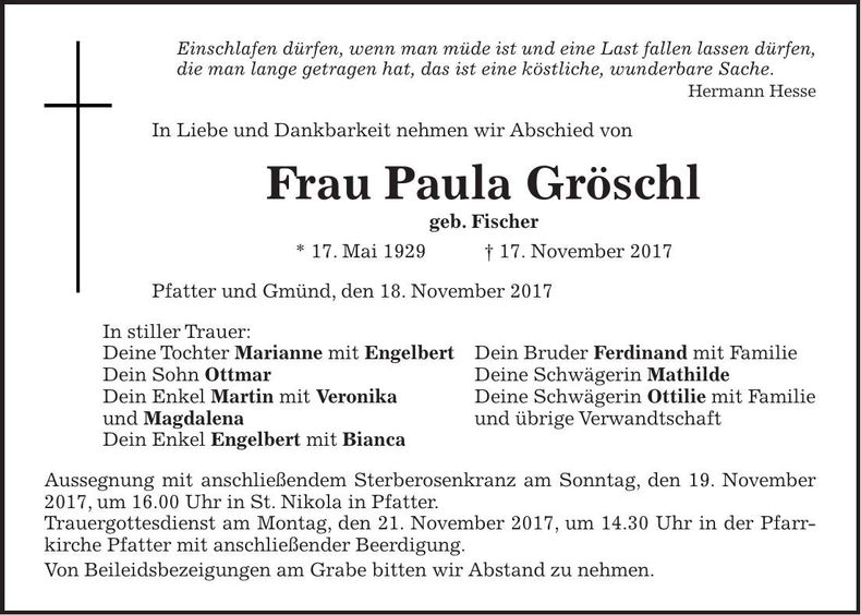 Traueranzeige Paula Gröschl