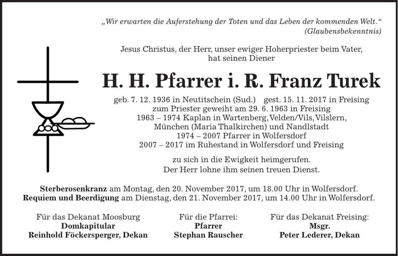 Traueranzeige Franz Turek
