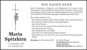 Traueranzeige Maria Spitzhirn
