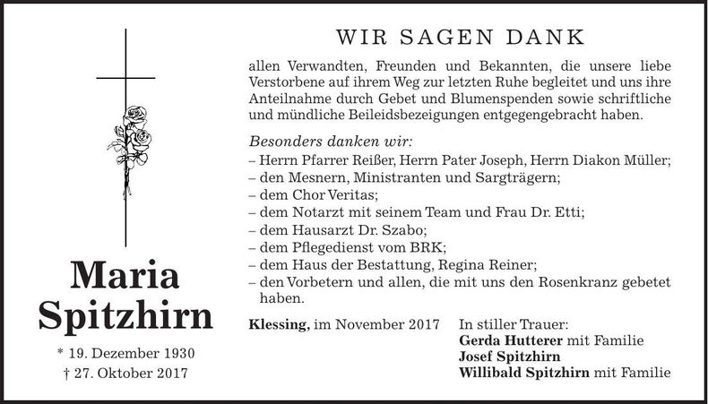 Traueranzeige Maria Spitzhirn