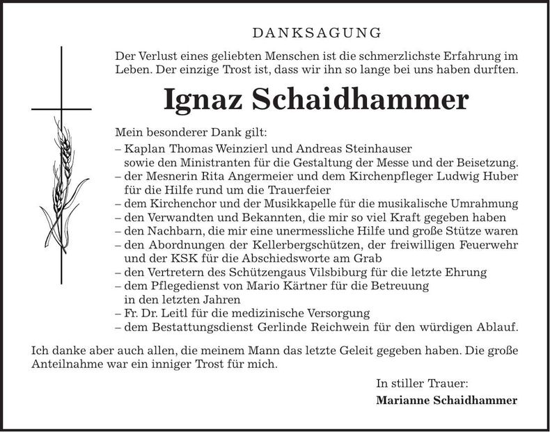 Traueranzeige Ignaz Schaidhammer