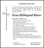 Traueranzeige Hildegard Klose