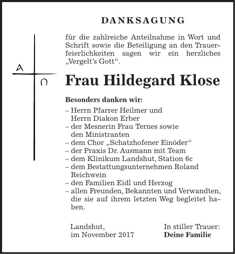 Traueranzeige Hildegard Klose