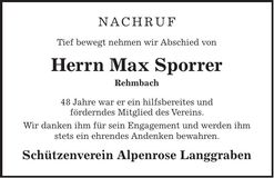 Traueranzeige Max Sporrer