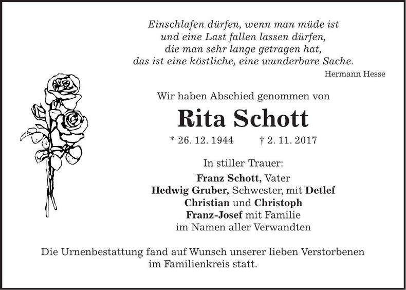 Traueranzeige Rita Schott