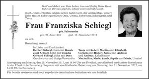 Traueranzeige Franziska Schiegl