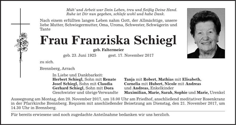 Traueranzeige Franziska Schiegl