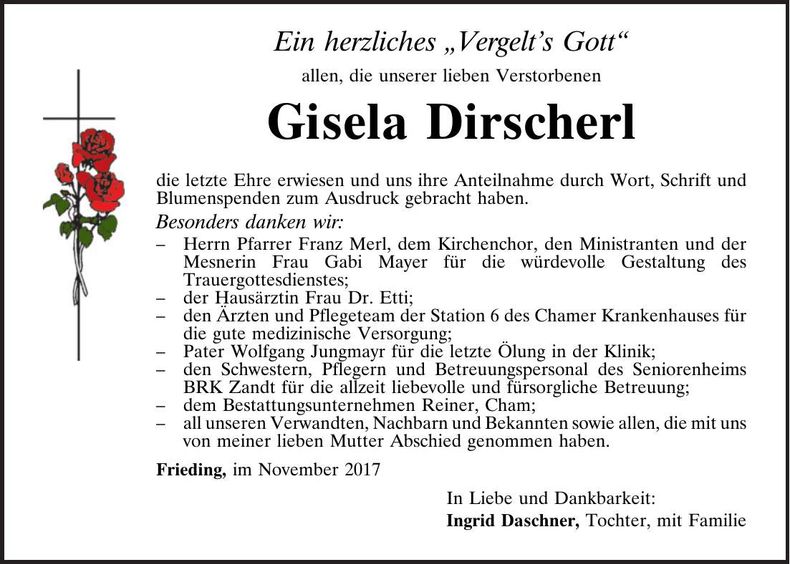Traueranzeige Gisela Dirscherl