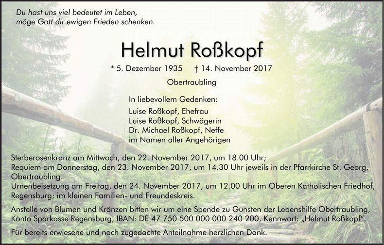 Traueranzeige Helmut Roßkopf
