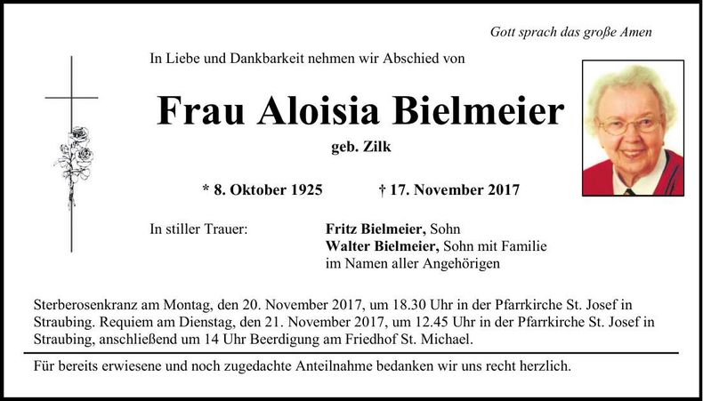 Traueranzeige Aloisia Bielmeier