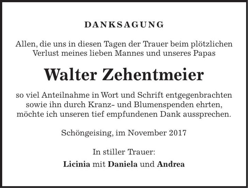 Traueranzeige Walter Zehentmeier