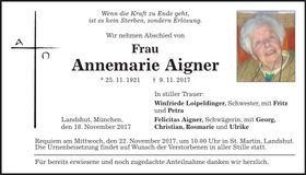Traueranzeige Annemarie Aigner