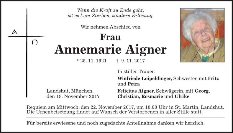 Traueranzeige Annemarie Aigner