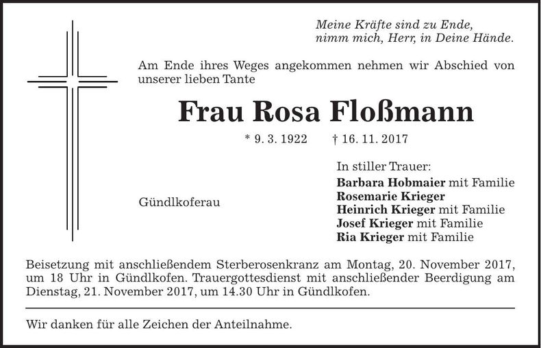 Traueranzeige Rosa Floßmann