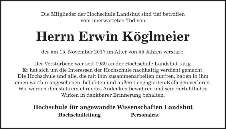 Traueranzeige Erwin Köglmeier
