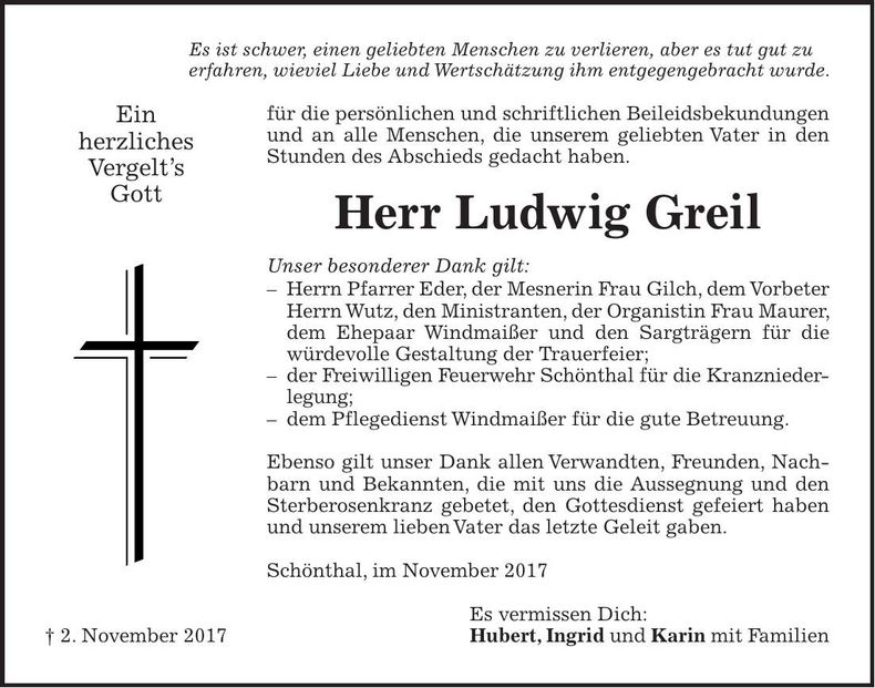 Traueranzeige Ludwig Greil