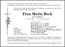 Traueranzeige Maria Beck