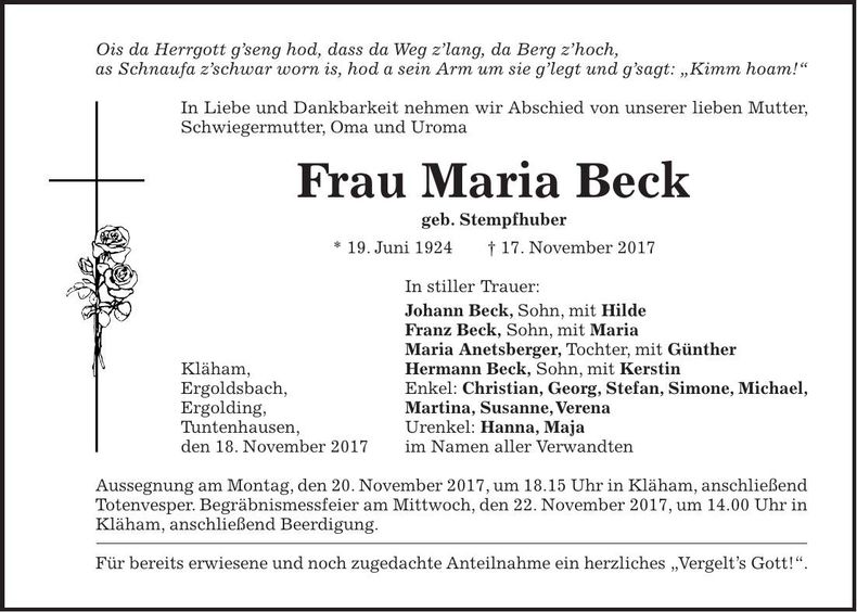 Traueranzeige Maria Beck