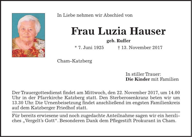 Traueranzeige Luzia Hauser
