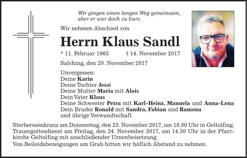 Traueranzeige Klaus Sandl