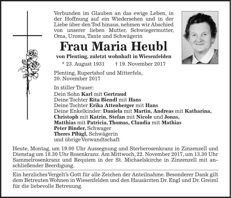 Traueranzeige Maria Heubl