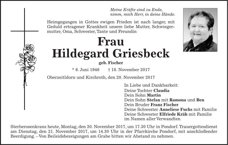 Traueranzeige Hildegard Griesbeck