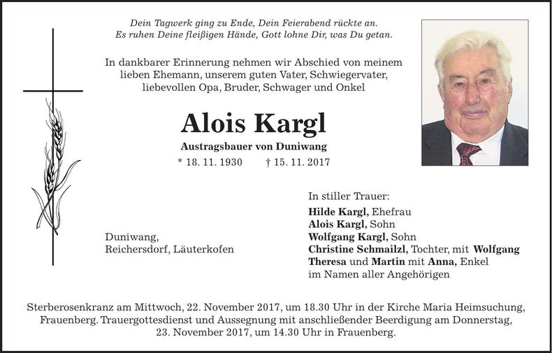 Traueranzeige Alois Kargl