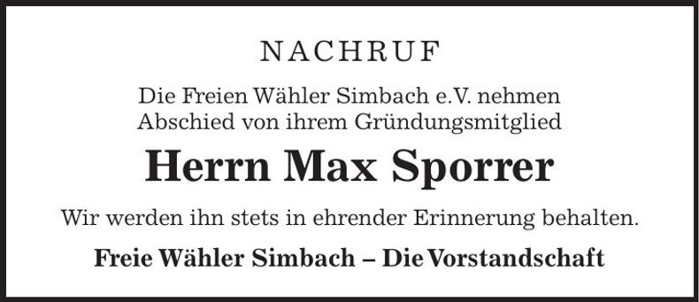 Traueranzeige Max Sporrer