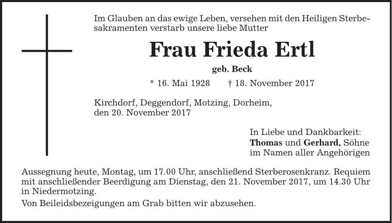 Traueranzeige Frieda Ertl