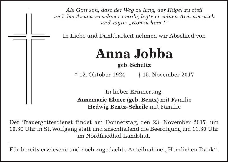 Traueranzeige Anna Jobba