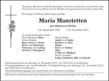 Traueranzeige Maria Manstetten