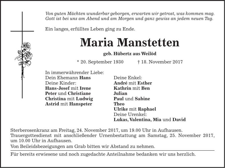Traueranzeige Maria Manstetten