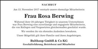Traueranzeige Rosa Berwing