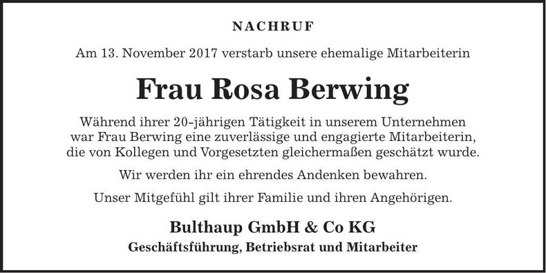 Traueranzeige Rosa Berwing