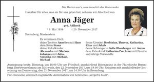 Traueranzeige Anna Jäger