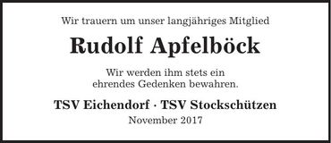 Traueranzeige Rudolf Apfelböck