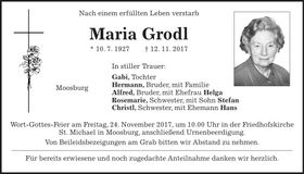 Traueranzeige Maria Grodl