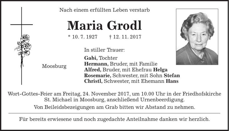 Traueranzeige Maria Grodl