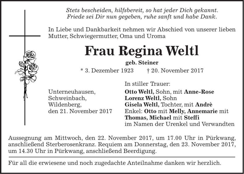 Traueranzeige Regina Weltl