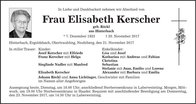 Traueranzeige Elisabeth Kerscher