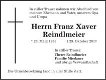 Traueranzeige Franz Xaver Reindlmeier