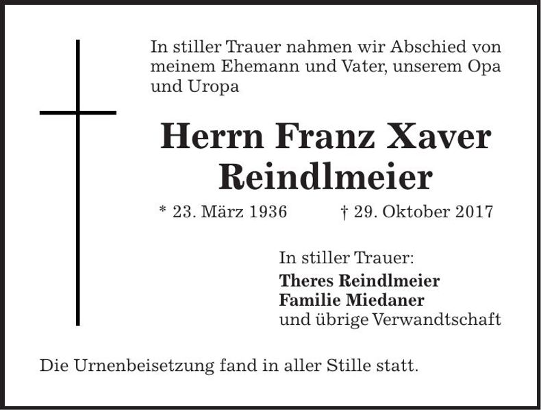 Traueranzeige Franz Xaver Reindlmeier