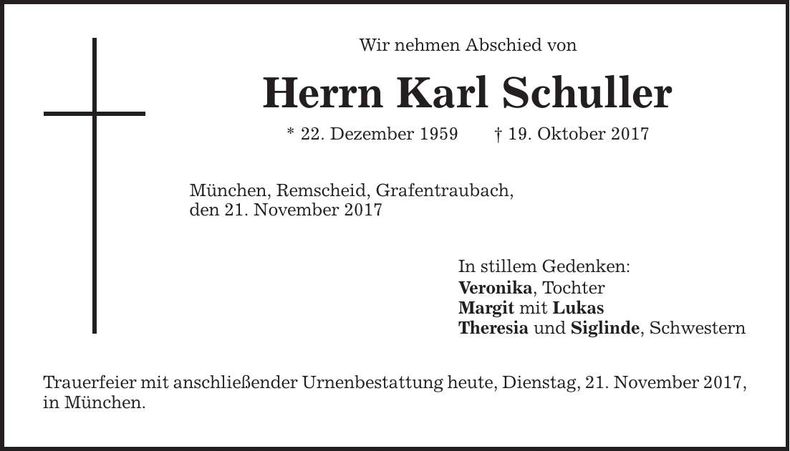 Traueranzeige Karll Schuller