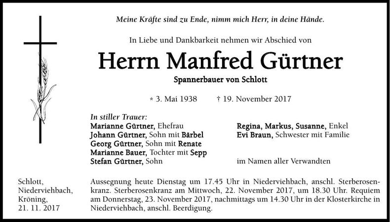 Traueranzeige Manfred Gürtner