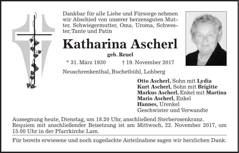 Traueranzeige Katharina Ascherl