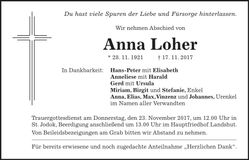 Traueranzeige Anna Loher
