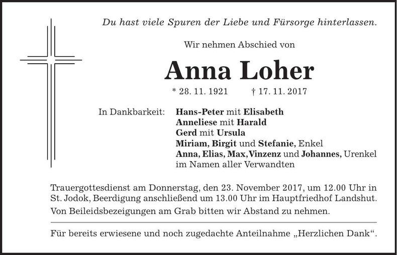Traueranzeige Anna Loher